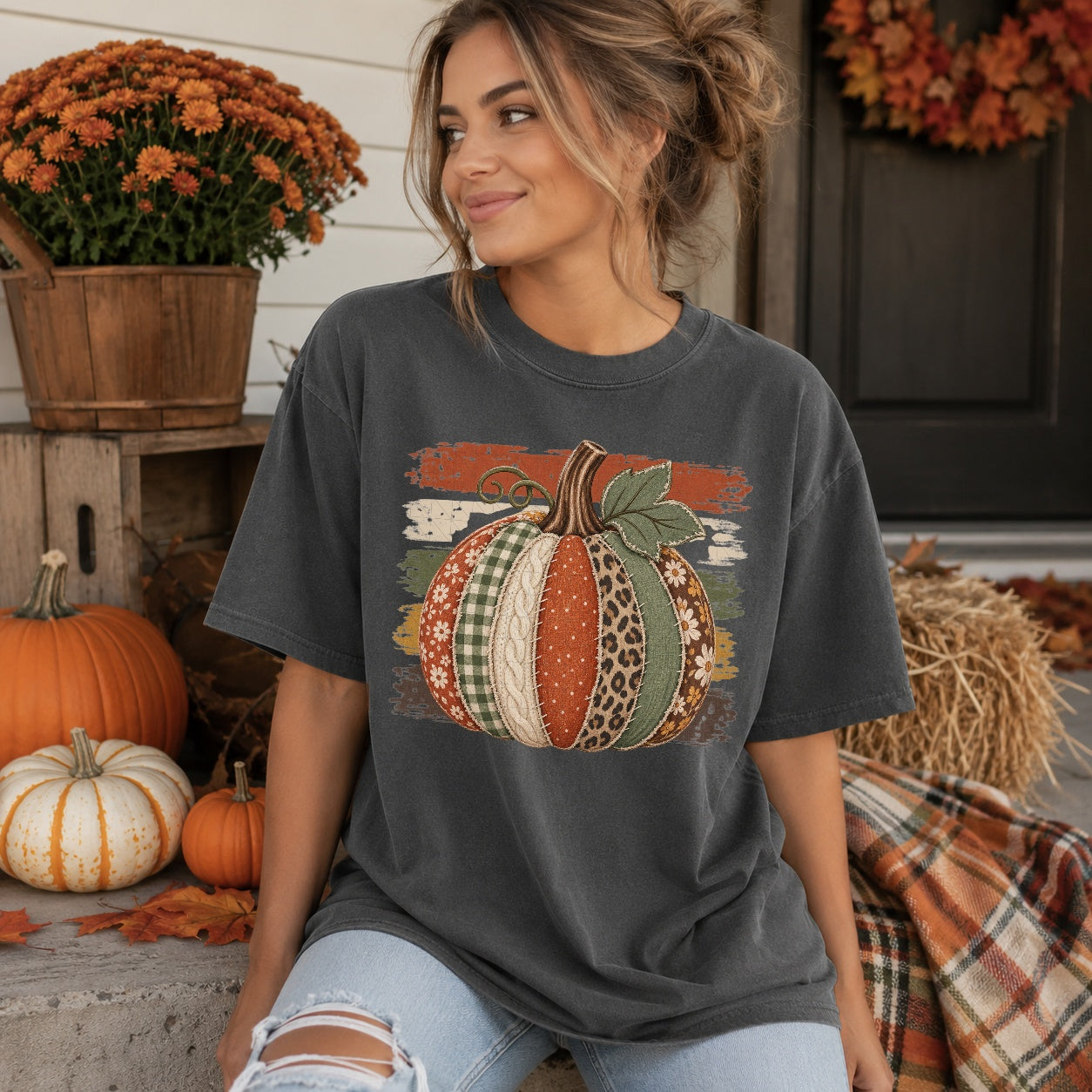 Patchwork & Stripes Pumpkin Tee - 5 Colors
