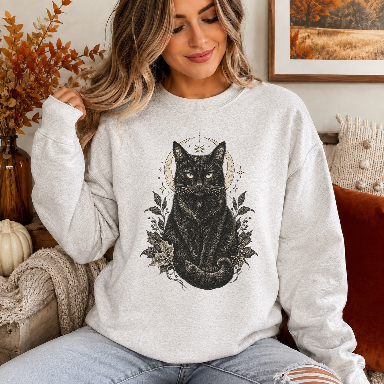 Celestial Black Cat Crewneck Sweatshirt - 5 Colors - STB Boutique