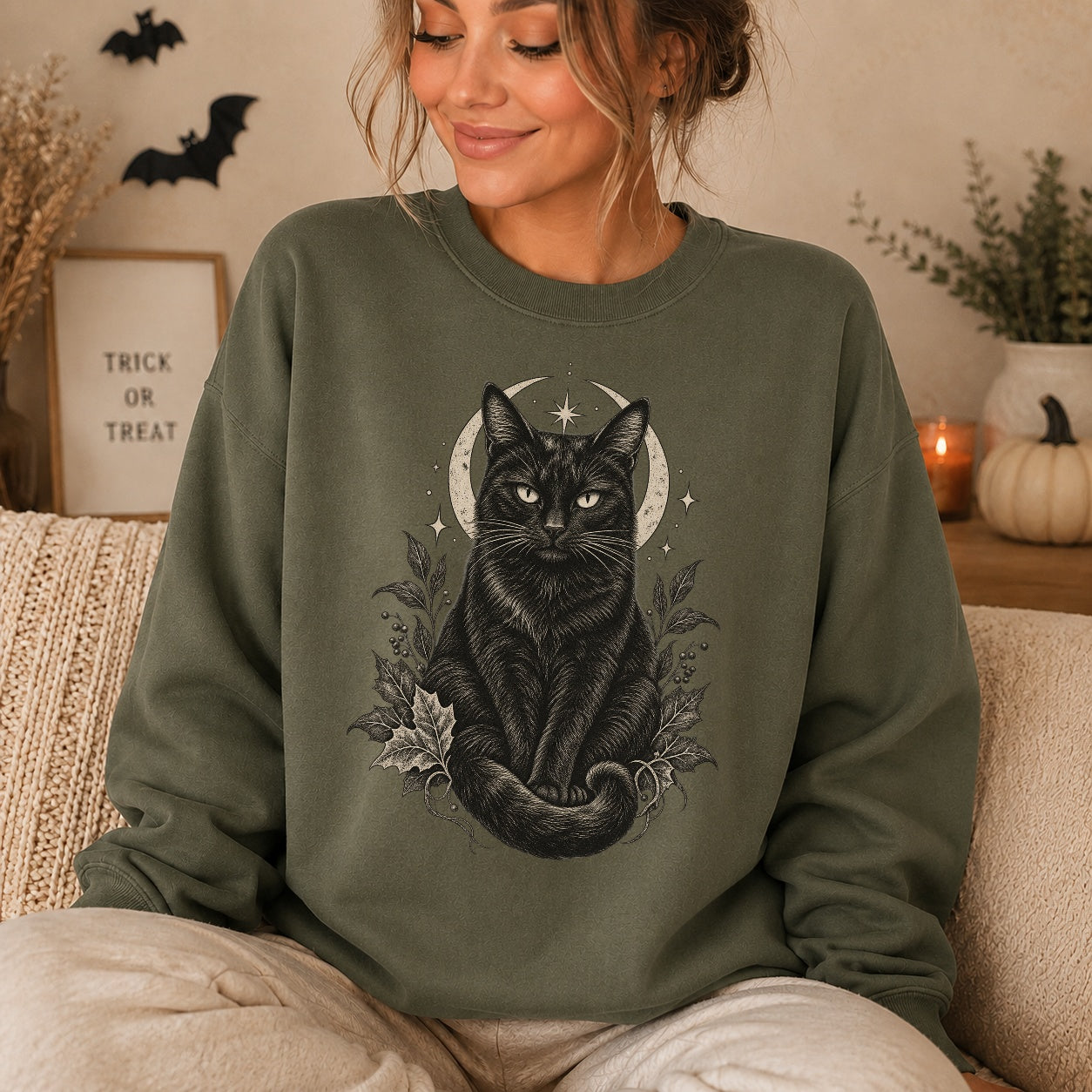 Celestial Black Cat Crewneck Sweatshirt - 5 Colors - STB Boutique