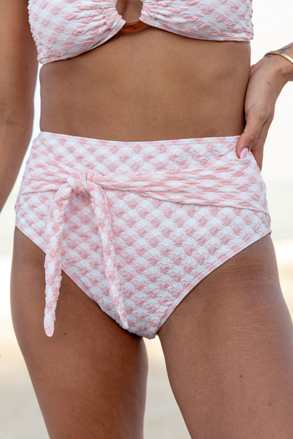 Golden Isle Pink Textured Tie Detail Bikini Bottom SALE - STB Boutique