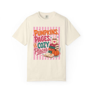 Pumpkins Pages & Cozy Places Stripes Tee | Fall Reading Graphic Tee Book Lover Fall Vibes Bookish Comfort Colors Cozy Fall Tee Books