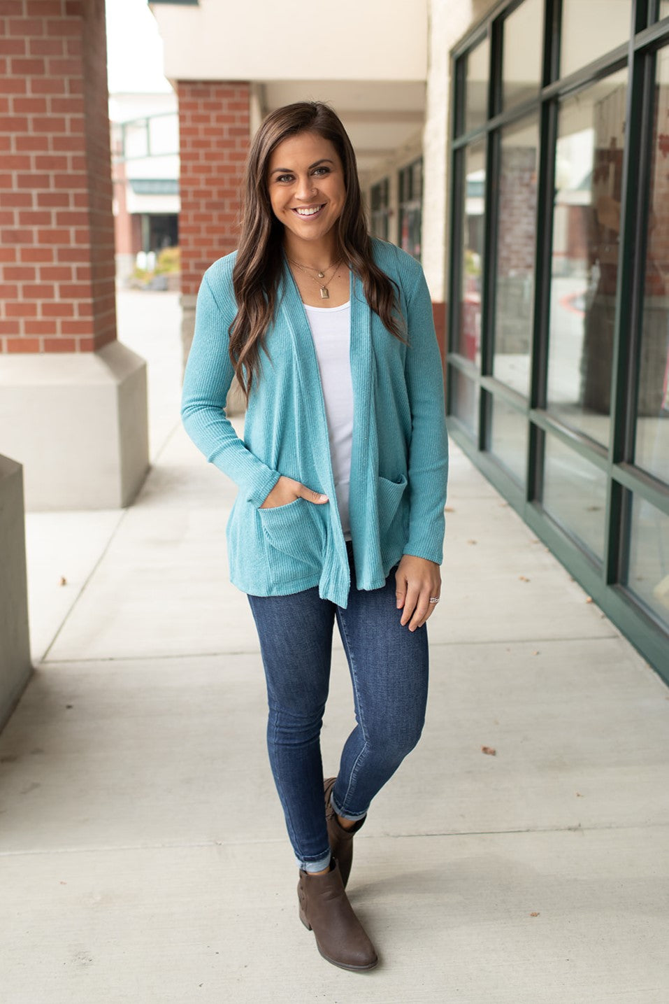 Dusty Teal Ribbed Brushed Hacci Pocket Cardigan (SM-XL)