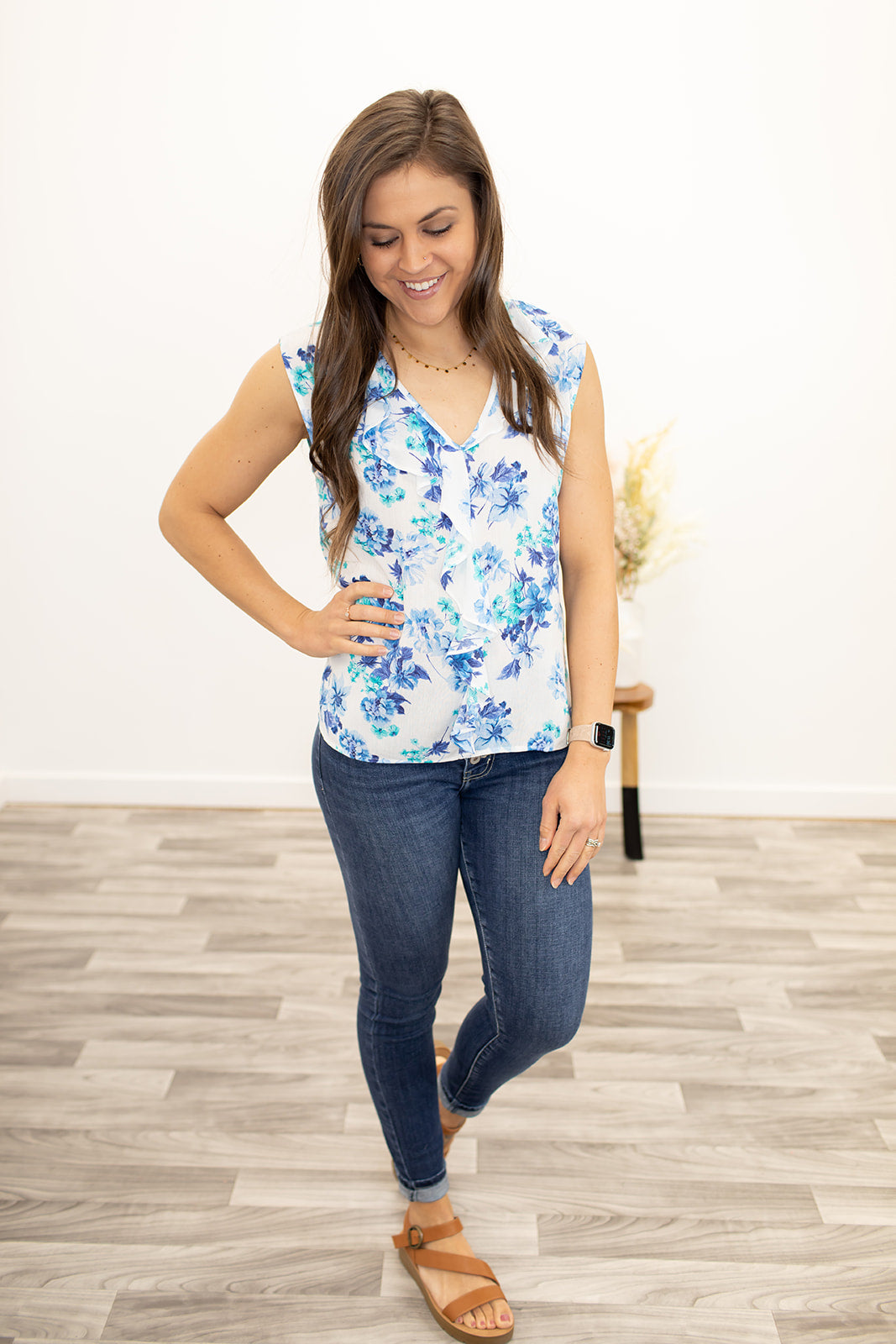 White Blue Teal Floral Ruffle Vneck Tank