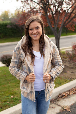 Taupe Plaid Flannel Sherpa Reversible Jacket