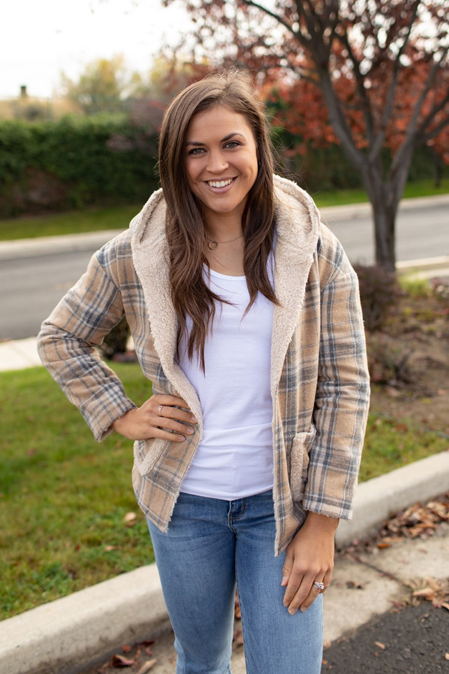 Taupe Plaid Flannel Sherpa Reversible Jacket