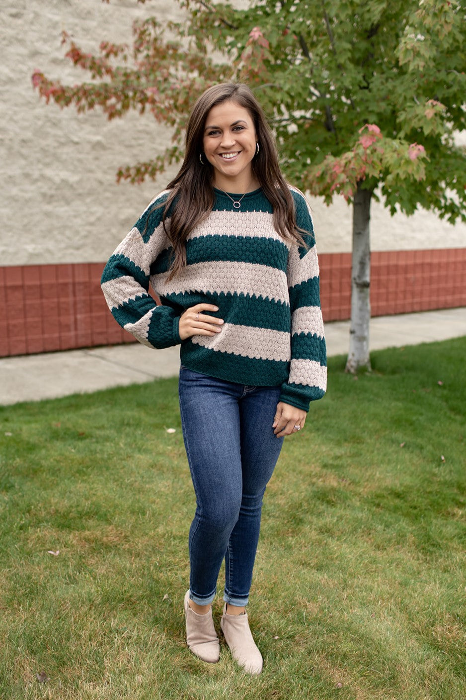 Hunter Green & Taupe Striped Slouchy Sweater