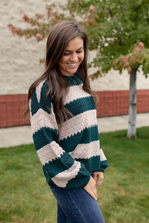 Hunter Green & Taupe Striped Slouchy Sweater