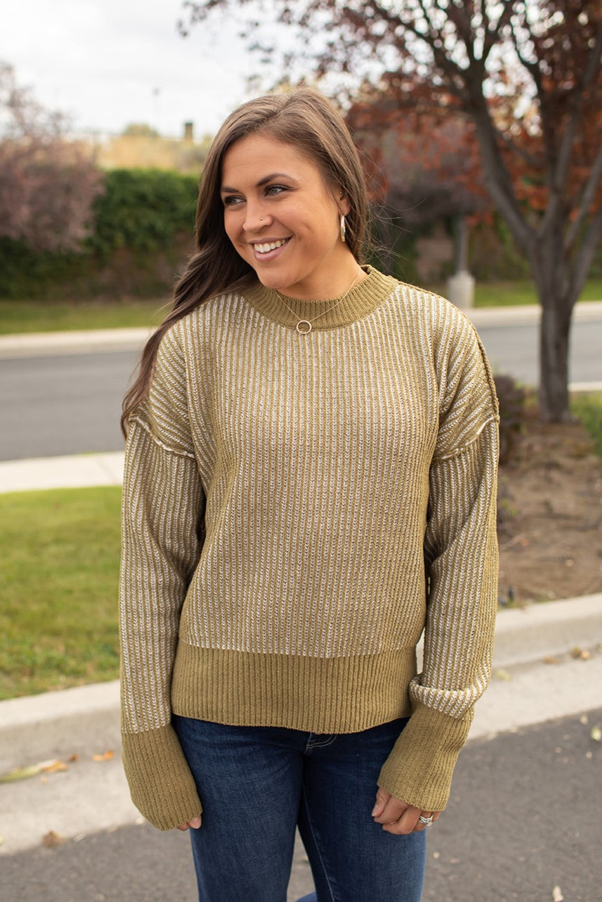 Dusty Olive 2Tone Ribbed Chunky Knit Sweater