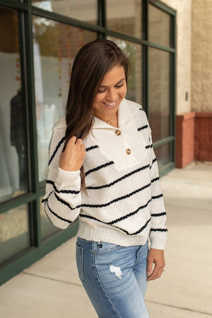 White Black Striped Shawl Collar Knit Sweater