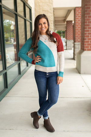 Oatmeal Rust Teal Blocked Pullover Sweater (SM-XL)