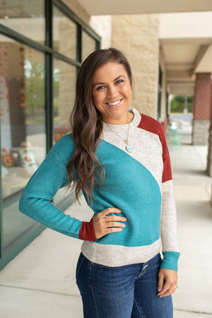 Oatmeal Rust Teal Blocked Pullover Sweater (SM-XL)