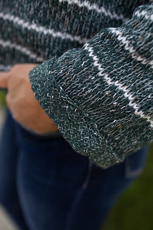 Hunter Green Striped Vneck Knit Sweater
