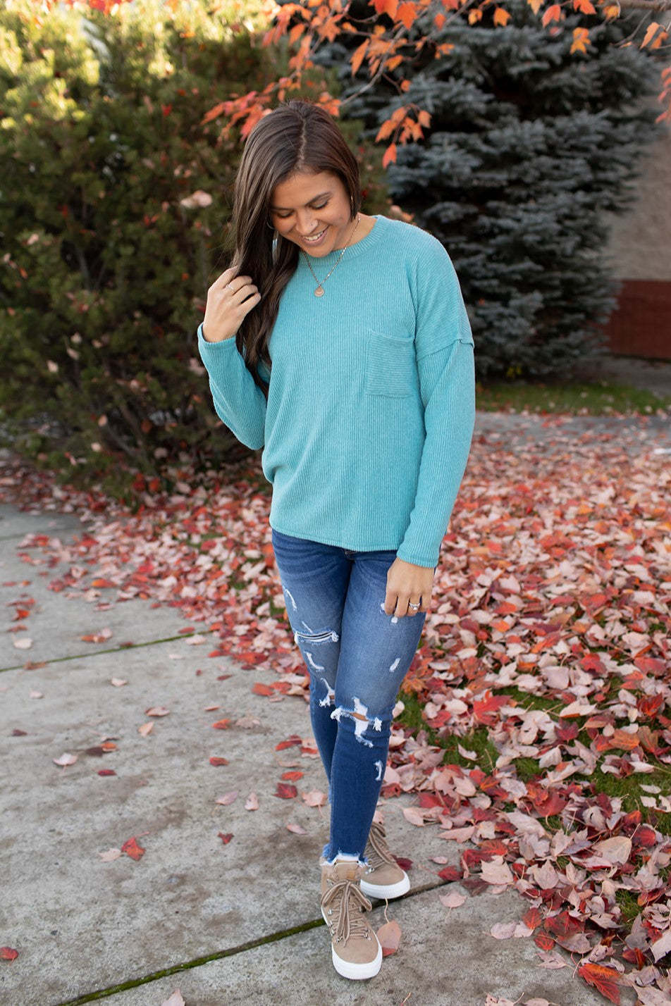 Dusty Teal Ribbed Brushed Hacci Pocket Sweater (SM-XL)
