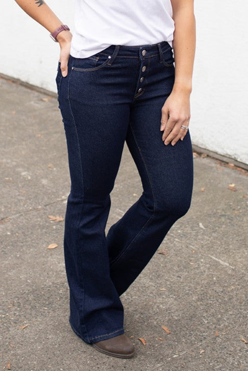 Risen Dark Mid Rise Button Fly Flare Jeans (0-15) - STB Boutique
