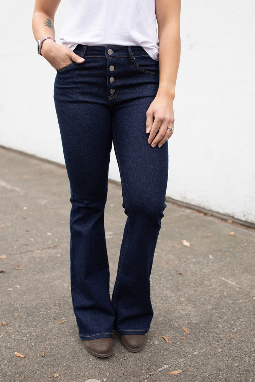 Risen Dark Mid Rise Button Fly Flare Jeans (0-15) - STB Boutique