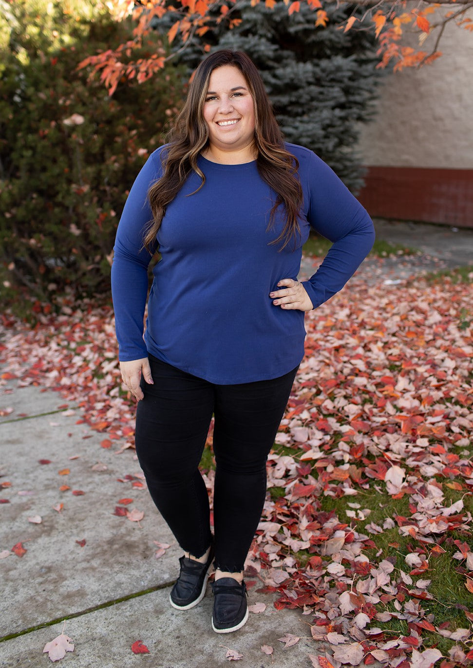 Lt Navy Basic Cotton Long Sleeve Tee (SM-3X) - STB Boutique