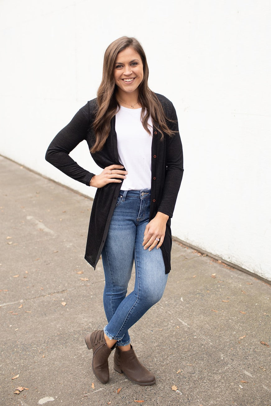 Black Burnout Button Cardigan (SM-2X) - STB Boutique