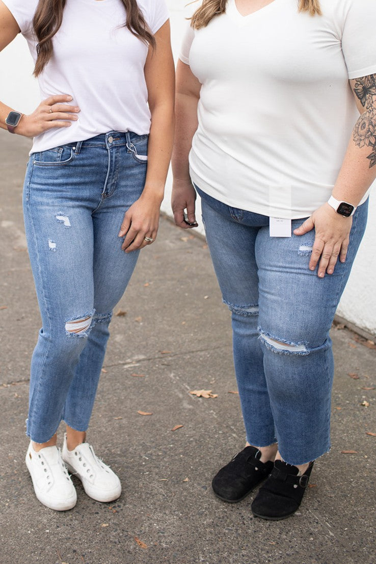 Risen High Rise Distressed Slim Straight Jeans (0-22)