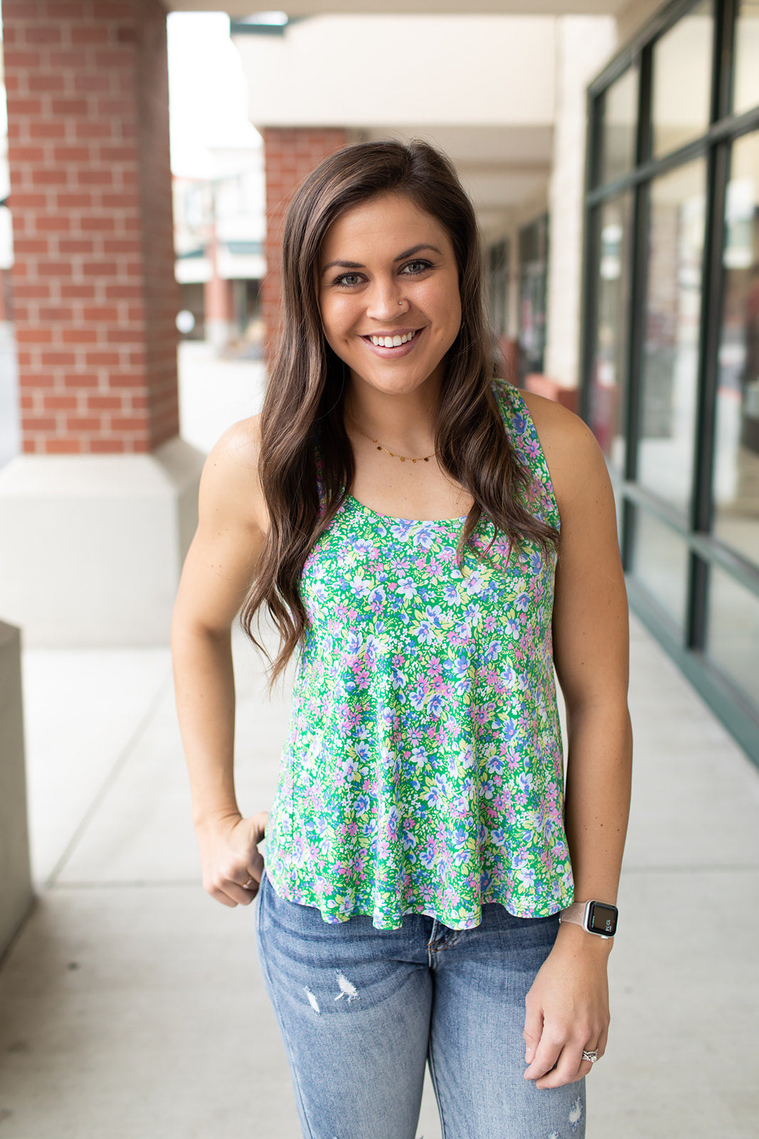 Spring Green Floral Button Back Flowy Tank