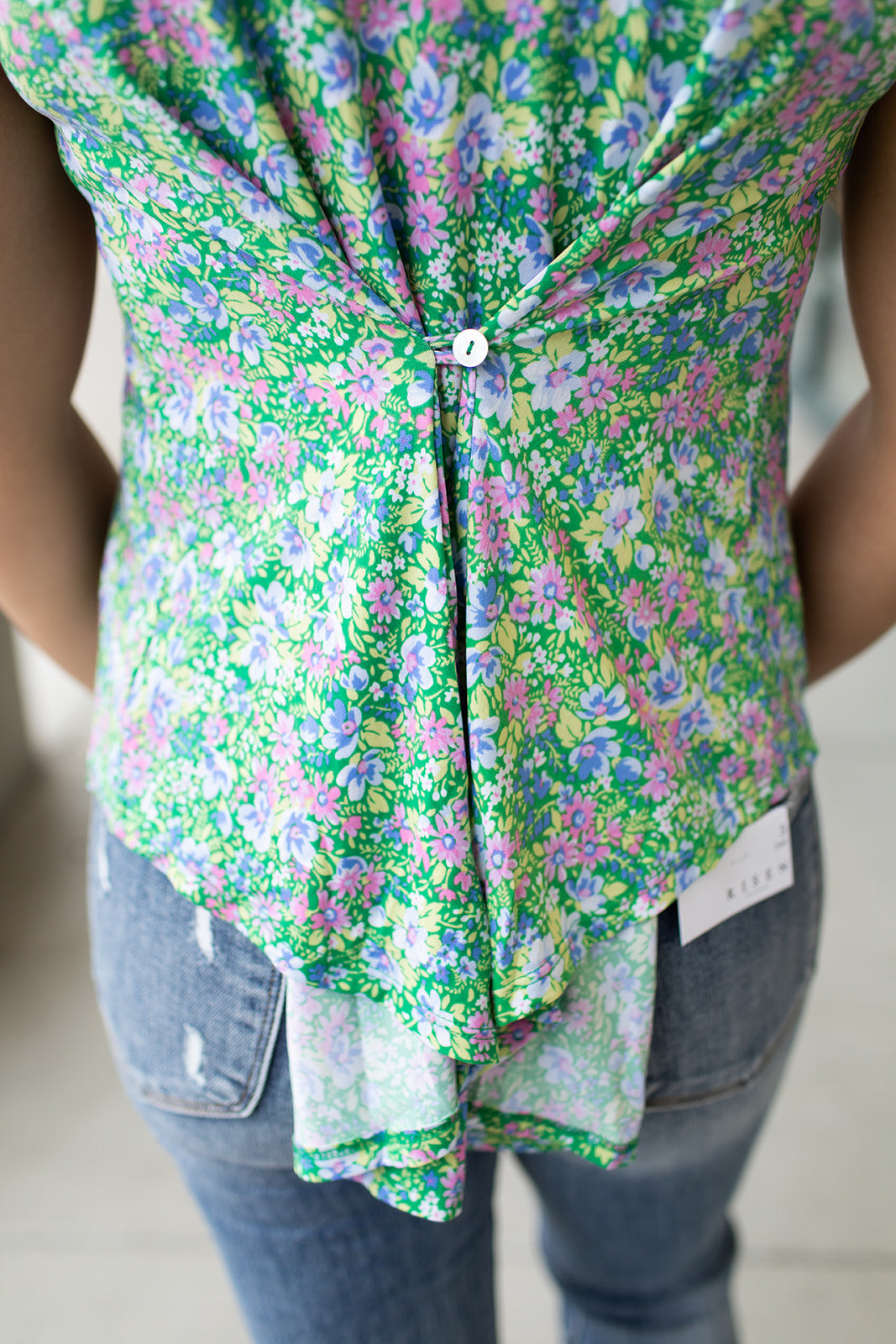 Spring Green Floral Button Back Flowy Tank