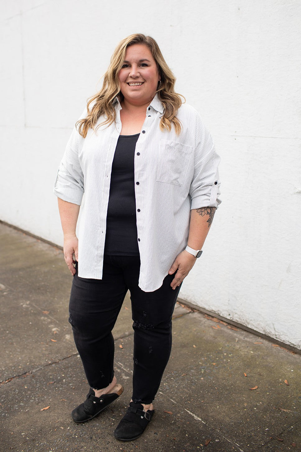 White Black Pinstripe Oversized Button Up Top (SM-4X)