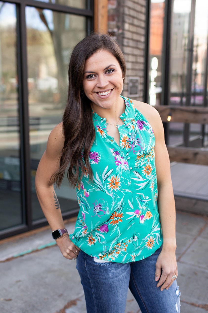 Green Floral Buttoned Halter Tank (SM-XL)
