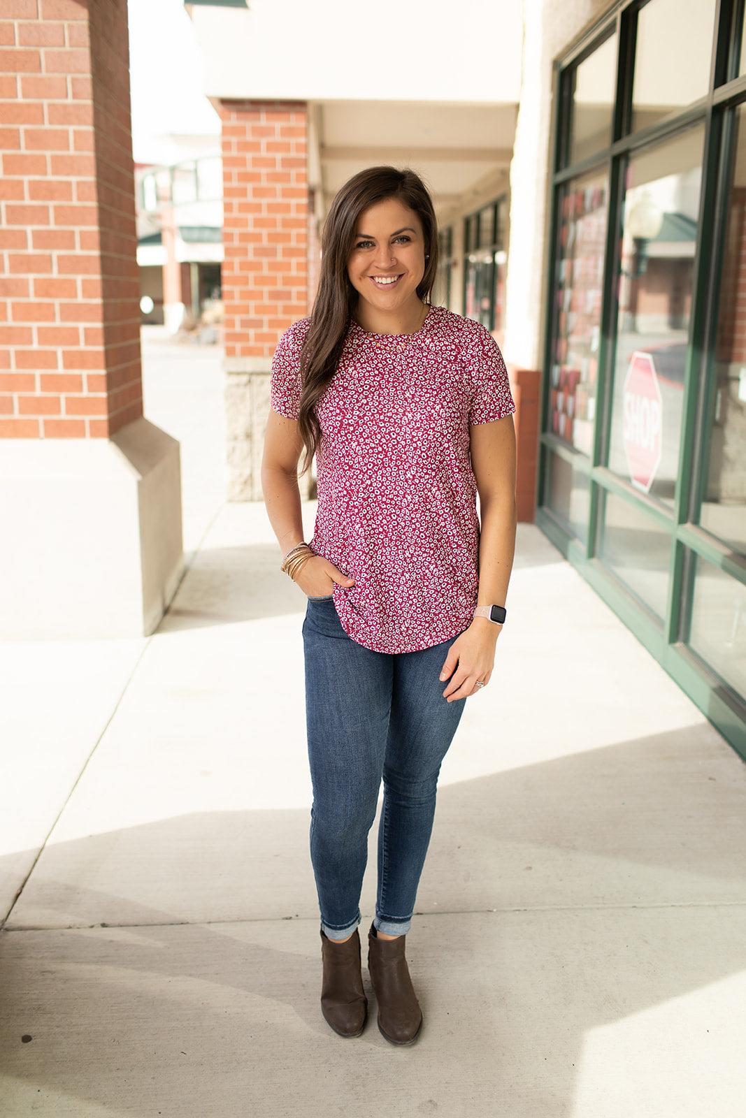 Burgundy Abstract Floral SS Top (SM-XL)