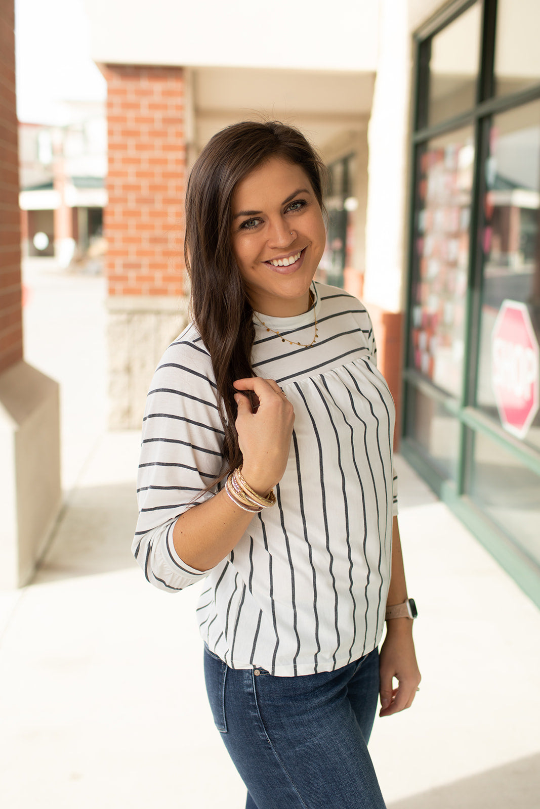 Ivory & Charcoal Striped 3/4 Sleeve Top (SM-XL)