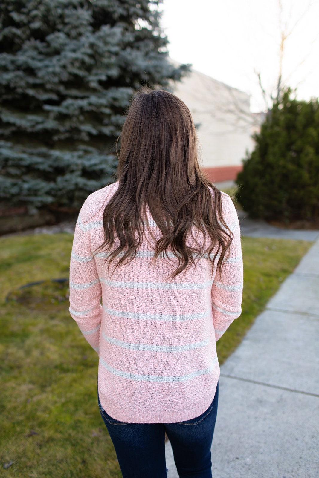 Light Pink White Striped Knit Hi Lo Sweater (SM-XL)