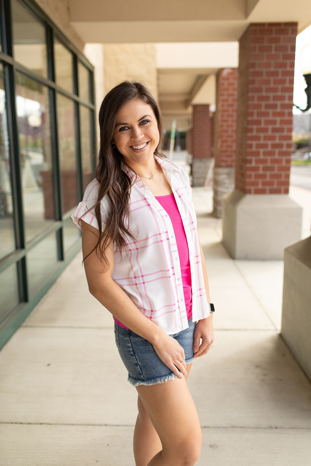 White Pink Plaid Button Up SS Top (SM-3X)