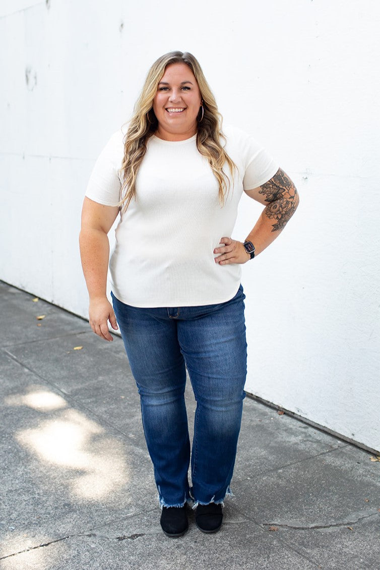 Judy Blue Mid Rise Dark Raw Hem Bootcut Jeans (1-24) - STB Boutique