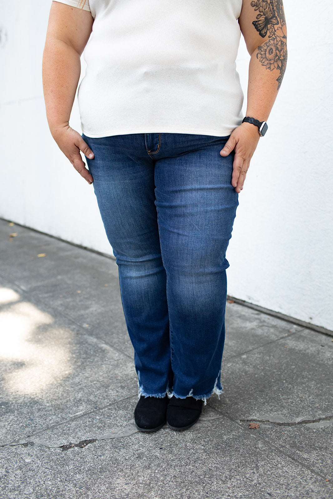 Judy Blue Mid Rise Dark Raw Hem Bootcut Jeans (1-24) - STB Boutique