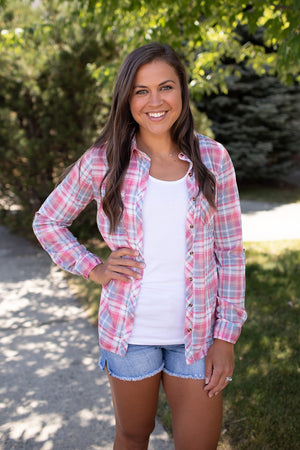 Pink & Blue Plaid Roll Up Sleeve Button Up Top (SM-3X)