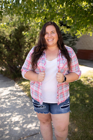 Pink & Blue Plaid Roll Up Sleeve Button Up Top (SM-3X)