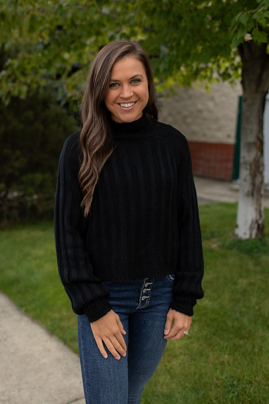 Black Cable Knit Mock Neck Sweater