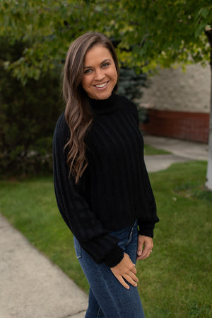 Black Cable Knit Mock Neck Sweater