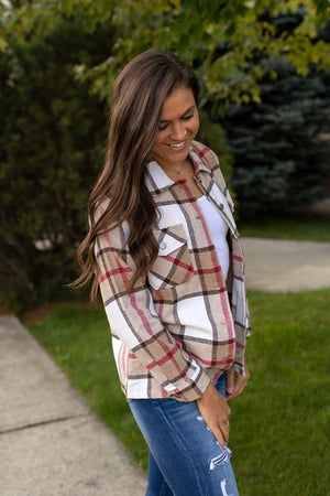 Taupe White Red Plaid Button Up Flannel Shacket (SM-2X)