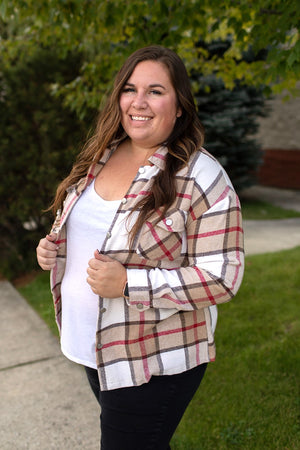 Taupe White Red Plaid Button Up Flannel Shacket (SM-2X)