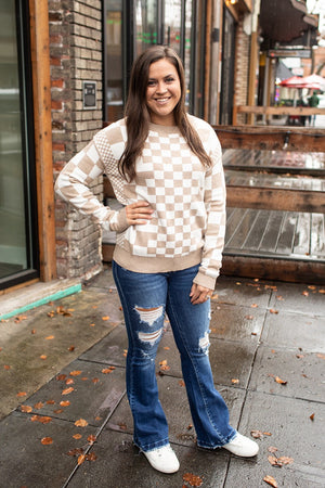 Tan Multi Checkered Pullover Sweater (SM-2X) - STB Boutique