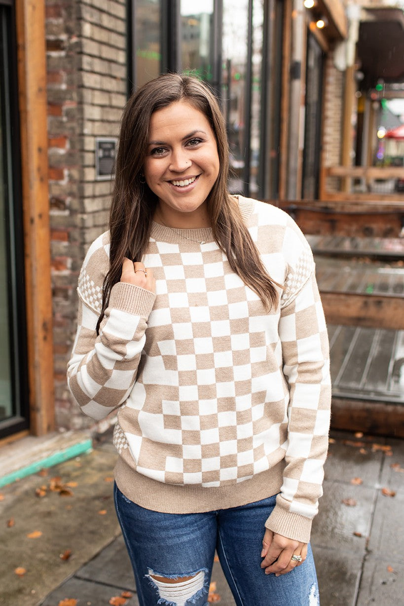 Tan Multi Checkered Pullover Sweater (SM-2X) - STB Boutique