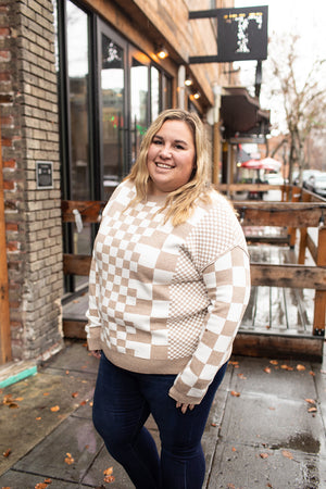 Tan Multi Checkered Pullover Sweater (SM-2X) - STB Boutique