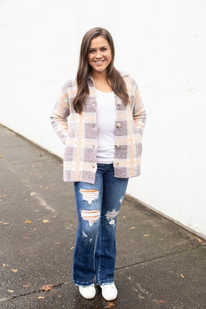 Purple & Peach Plaid Sweater Jacket (SM-XL) - STB Boutique