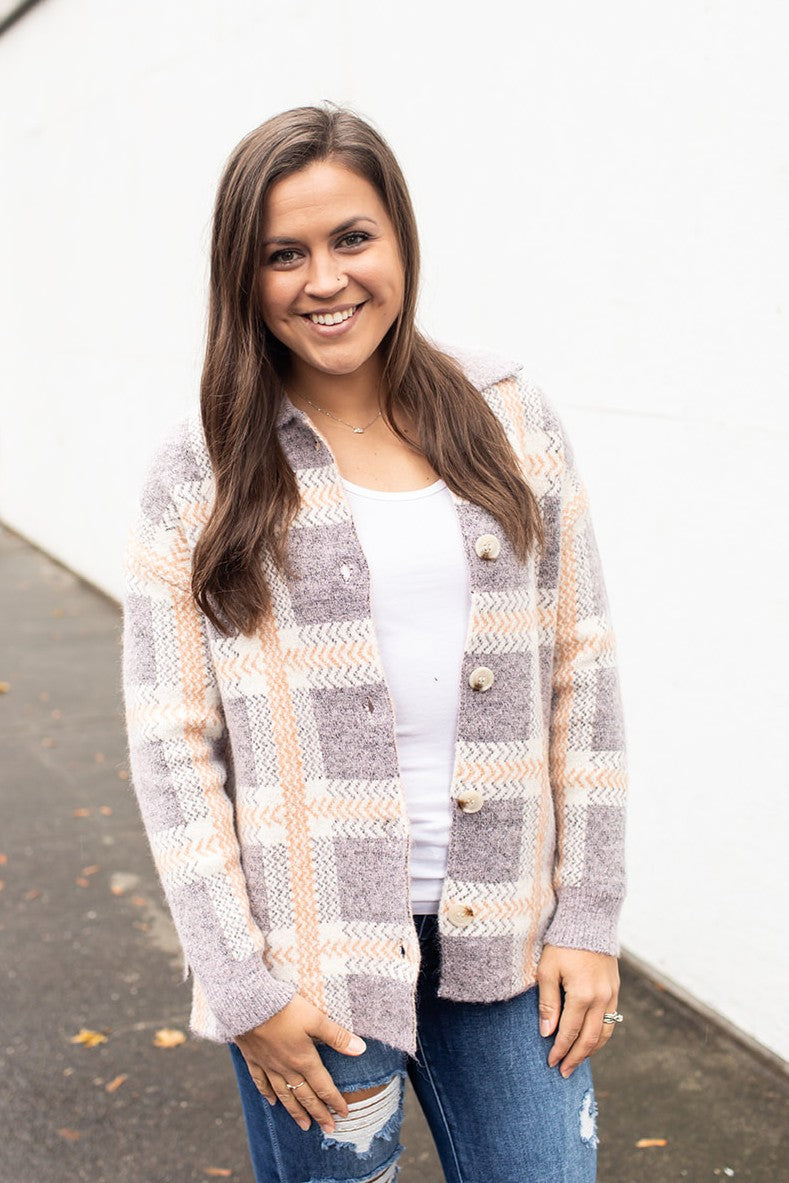Purple & Peach Plaid Sweater Jacket (SM-XL) - STB Boutique