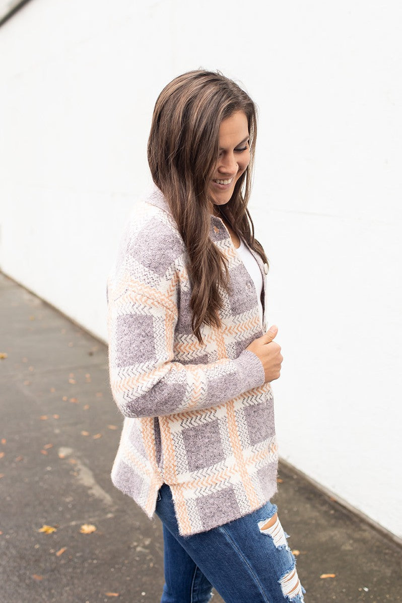 Purple & Peach Plaid Sweater Jacket (SM-XL) - STB Boutique