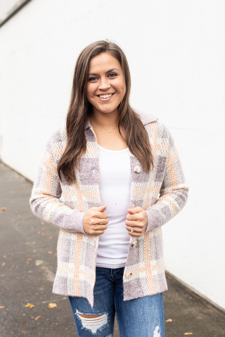 Purple & Peach Plaid Sweater Jacket (SM-XL) - STB Boutique