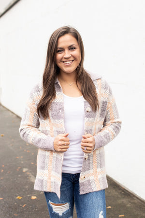 Purple & Peach Plaid Sweater Jacket (SM-XL) - STB Boutique