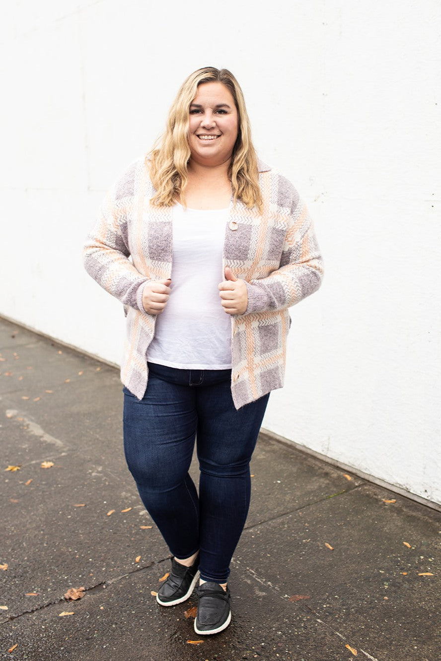 Purple & Peach Plaid Sweater Jacket (SM-XL) - STB Boutique