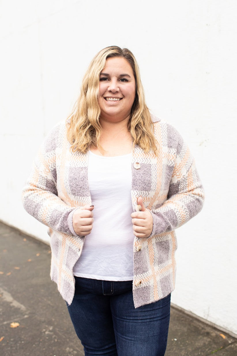 Purple & Peach Plaid Sweater Jacket (SM-XL) - STB Boutique