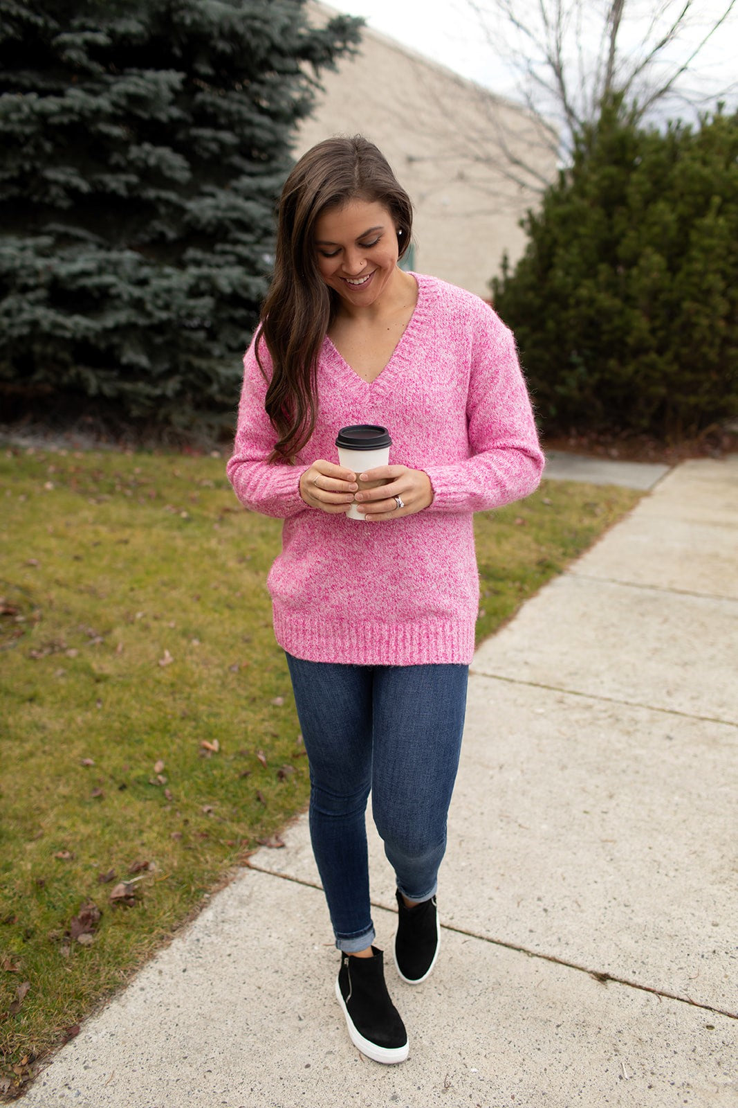 Heathered Hot Pink Vneck Oversized Sweater