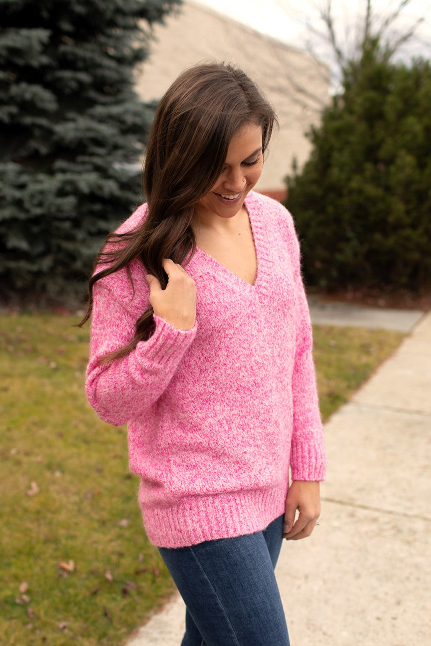 Heathered Hot Pink Vneck Oversized Sweater
